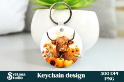 Highland cow sunflower keychain sublimation design, cow sunflower keyring PNG, animal farm keychain.