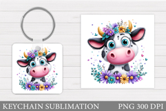 Cute Cow Keychain Design. Cow Flowers Sublimation Product Image 1