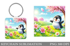 Cute Penguin Keychain. Penguin Flowers Keychain Sublimation Product Image 1
