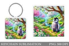 Cute Penguin Keychain. Penguin Flowers Keychain Sublimation Product Image 1
