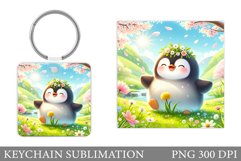 Cute Penguin Keychain. Penguin Flowers Keychain Sublimation Product Image 1