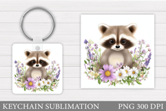 Cute Raccoon Keychain Design. Raccoon Flowers Keychain Product Image 1