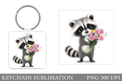 Cute Raccoon Keychain Design. Raccoon Flowers Keychain Product Image 1