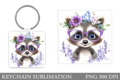 Cute Raccoon Keychain Design. Raccoon Flowers Keychain Product Image 1