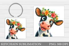 Cow Keychain Design. Cow Flowers Keychain Sublimation Product Image 1
