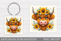 Highland Cow Keychain. Cow Flowers Keychain Sublimation Product Image 1
