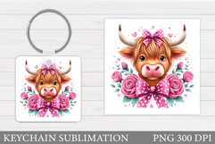 Cute Cow Keychain Design. Cow Flowers Keychain Sublimation Product Image 1