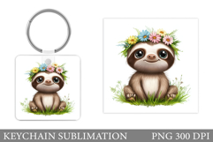 Sloth Keychain Design. Sloth Flowers Keychain Sublimation Product Image 1