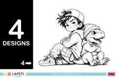 Boy and dinosaur sitting back to back in a detailed sketch illustration