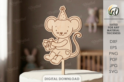 Kids Birthday Cake Topper Laser Cut. Cute Animal. Mouse SVG Product Image 1