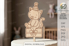 Kids Birthday Cake Topper Laser Cut. Cute Animal. Cat SVG Product Image 1