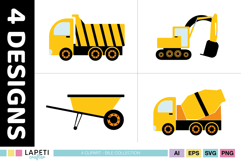 Cute construction vehicle clipart with dump truck, excavator, cement mixer and wheelbarrow
