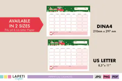 Undated kids Christmas calendar with red and green holiday design and reusable monthly layout
