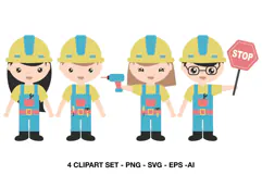 Kids construction worker clipart collection with four colorful builder characters