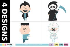 Four coordinated Halloween character graphics for children’s celebration projects