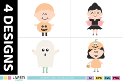 Pastel Halloween characters in orange pink mint black and cream colors