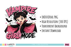 Manga-inspired vampire girl illustration with pink cape and bold Halloween lettering