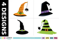 Black, green and orange witch hats with playful spider details for kids Halloween parties
