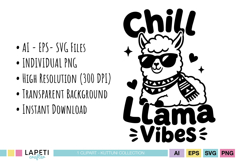Cool llama wearing sunglasses and patterned scarf with bold playful lettering