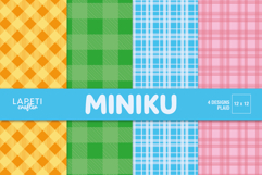 Plaid birthday album backgrounds in yellow, green, blue and pink.