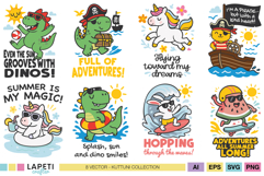 Colorful vector preview showing 8 cute summer sublimation designs for kids with dinos, unicorns, bunnies and more.