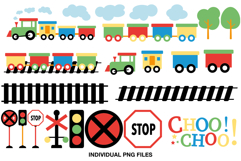 Colorful kids train clipart set with wagons tracks and railway signs