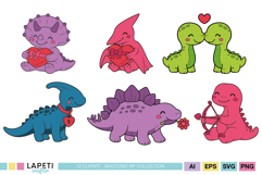 Cute dinosaur illustrations with hearts and flowers for greeting cards