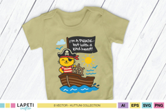 Beige baby bodysuit with cute pirate cat on a ship and the text “I’m a pirate… but with a kind heart!”.
