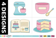 Cute baking graphics featuring stand mixer recipe book bowl and cake
