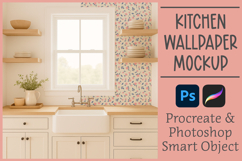 Kitchen wallpaper mockup for patterns. Photoshop and Procreate file types