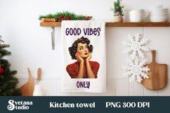 Retro woman kitchen towel sublimation design, pin up girl dish towel clipart PNG, good vibes only.