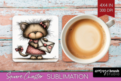 Kitten Valentine Square Coaster Whimsical Animal Coaster PNG Product Image 1