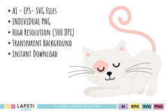 White kitten sitting in a litter box with soft pink and neutral colors for pet projects.