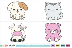 Cute kitten, piglet, puppy and baby cow graphics with simple rounded shapes for farm-themed birthday cards and paper crafts.