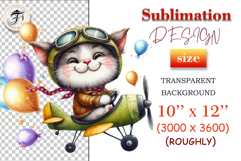 Kitten pilot with balloons and stars – watercolor sublimation PNG for kids&#039; room prints, stickers, and celebration cards.
