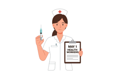 Nurse holding syringe and clipboard for May 1 Health Workers Product Image 1
