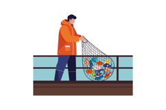 Fisherman in orange jacket holding fishing net full of fish Product Image 1