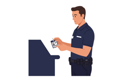 Police officer checking identification card at kiosk in unif Product Image 1