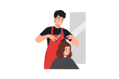 Male hairdresser cutting female client hair in salon with mi Product Image 1