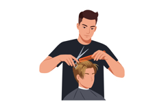 Male Hairdresser Cutting Blonde Hair with Scissors and Comb Product Image 1