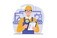 Industrial worker inspecting checklist with magnifying glass Product Image 1