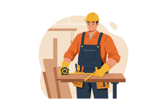 Male Carpenter Measuring Wood with Tape Measure and Tools Ve Product Image 1