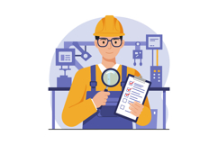 Factory worker in hard hat with magnifying glass and checkli Product Image 1