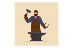 Blacksmith holding hammer and horseshoe working at anvil in Product Image 1