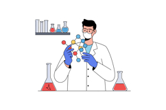 Scientist Wearing Mask and Gloves Holding Molecular Model in Product Image 1