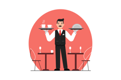 Waiter serving coffee cups and covered dish in restaurant se Product Image 1