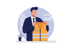 Businessman presenting orange safety vest in office environm Product Image 1