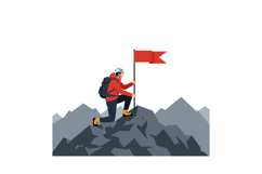 Mountain climber planting red flag on rocky peak with backpa Product Image 1