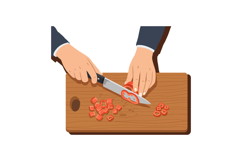 Hands slicing red bell pepper on wooden cutting board kitche Product Image 1