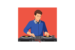 Male DJ mixing music on turntables with headphones on red ba Product Image 1